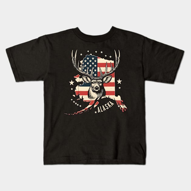 Deer Hunting American Flag Hunter Alaska Vintage Kids T-Shirt by TopTees